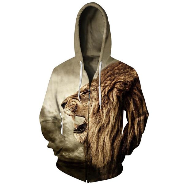 

new fashion men zipper 3d hoodies hooded regular long sleeve lifelike roaring lion 3d print loose outwear plus size 3xl, Black