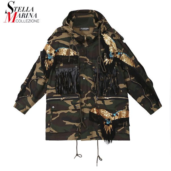 

new 2018 korean style women oversized camouflage hoodie jacket coat eagle patches sequined female casual jacket windbreaker 3860, Black;brown