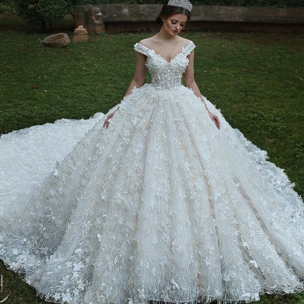 

gorgeous 2018 ball gown wedding dresses off the shoulder 3d appliques lace wedding dress count train said mhamad bridal gowns, White