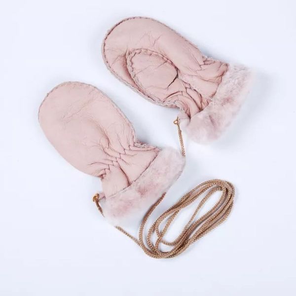 

baby sheepskin gloves with hanging rope kids leather fur mitten pure colors cute 5 colors winter children gloves, Blue;gray