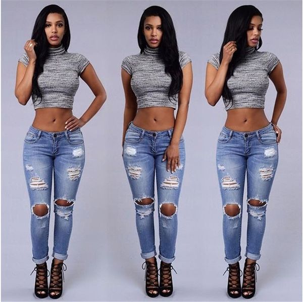 

female slim jeans hole ripped jeans women pants cool denim vintage straight jeans for girl high waist casual pants dh229, Blue