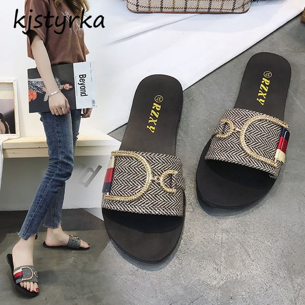 

kjstyrka sandales femme 2018 nouveau brand designer summer women slippers ladies slides female flats slippers zapatillas mujer, Black