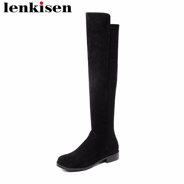 

lenkisen novelty design round toe solid low heels large size slip on flock streetwear concise style women knee high boots l09, Black
