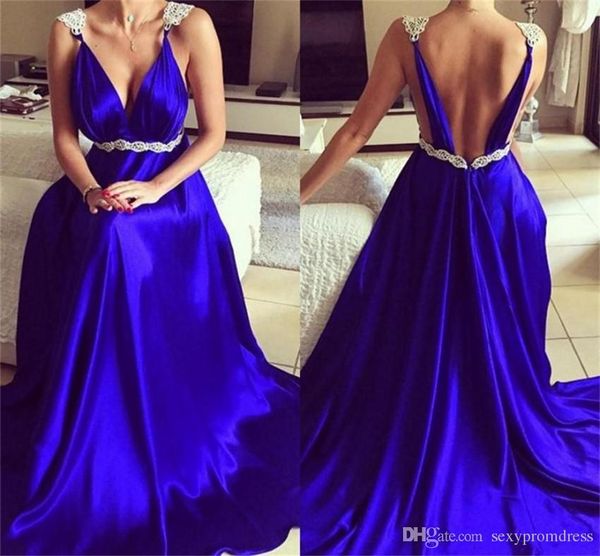 

Elegant Royal Blue Evening Gowns 2017 Deep V Neck Spaghetti Straps A Line Prom Dresses Chiffon Floor Length Formal Party Dresses