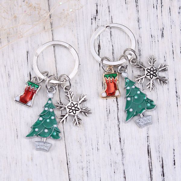 

doreen box key chain & key ring christmas tree silver color stocking snowflake carved white & green enamel 6.1cm(2 3/8"), 1 pc