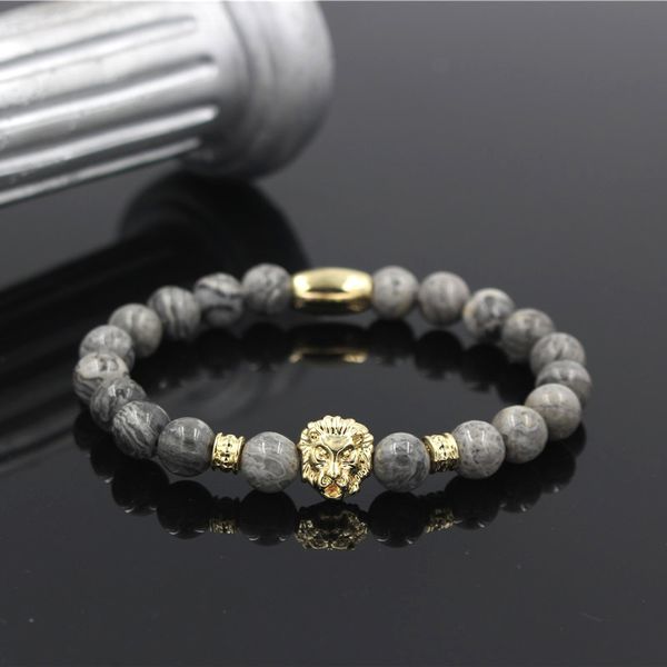 New Fashion Vintage Rose Gold Color Lion Head Tube Charm Natural 8MM Marble Stone Bead Bracciale gioielli uomo donna regalo