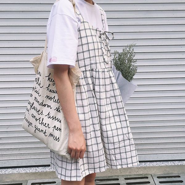 

2018 women's kawaii summer college sweet was thin strap plaid long section of students lovely dress female cute korean harajuku, White;black