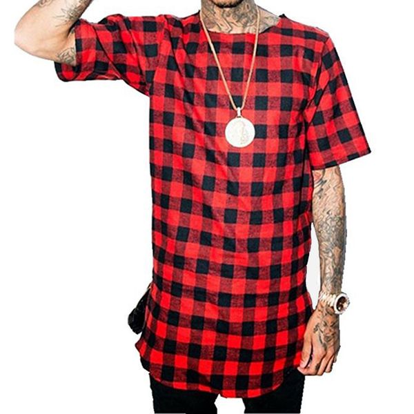 Männer Plaid Longline Casual Seite Zipper T-shirt Kurzarm Hip Hop Männer Streetwear T-shirt Swag Saum Crew Neck Lustige tops T