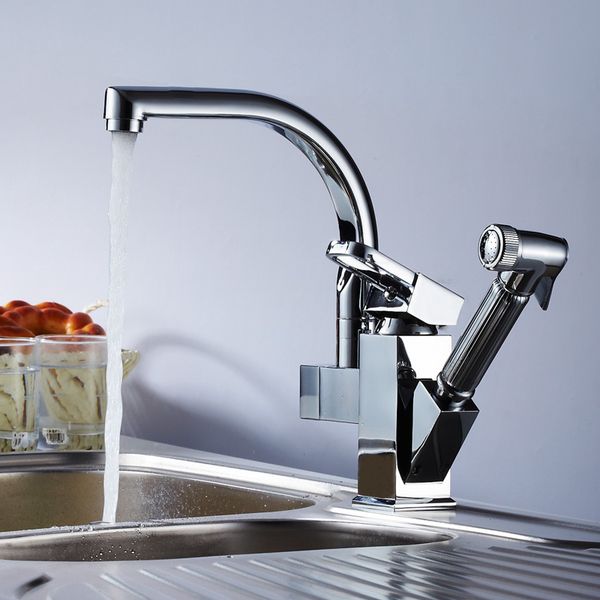 

360 swivel centerset two spouts kitchen faucet pull out polished chrome basin cold water mixer brass tap kitchen tap