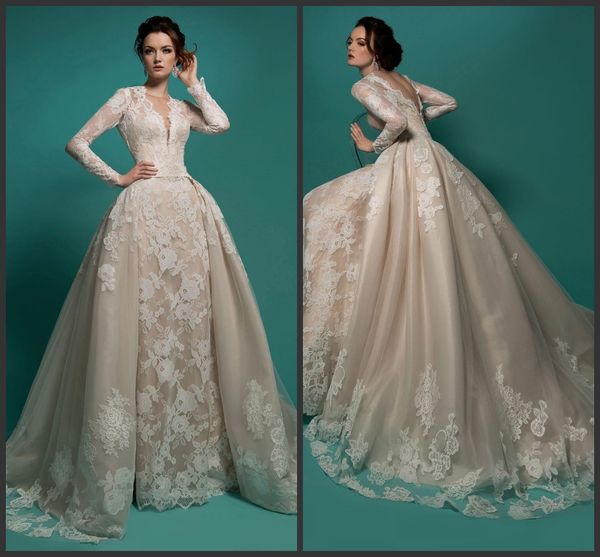 

2019 new wedding dresses with detachable tarin ivory v neck lace applique modest long sleeves bridal gowns hollow back wedding dress 2019, White