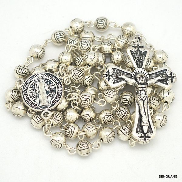 

sell men's rosary religious crucifix pendant necklace charms christian alloy bead chain st benedict for men fashion jewelry, Silver