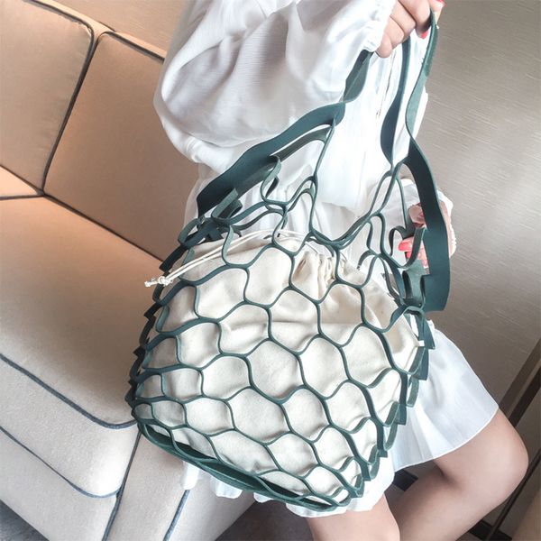 

hollow out mesh design women handbag canvas string composite bags brand pu leather summer beach bags holiday women tote 2018 new d18102407