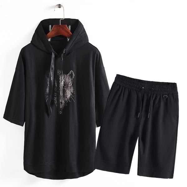 

mans t-shirt set cotton black tshirt set half sleeve tiger fashion streetwear mans clothing short sleeve with hat, White;black