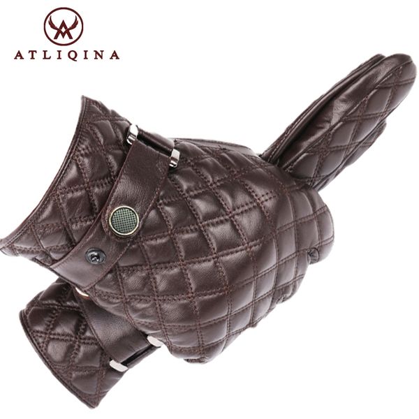 

atliqina leather gloves for men winter autumn fashion gloves sheepskin touch screen tartan wrist mitten top quality genuin, Blue;gray