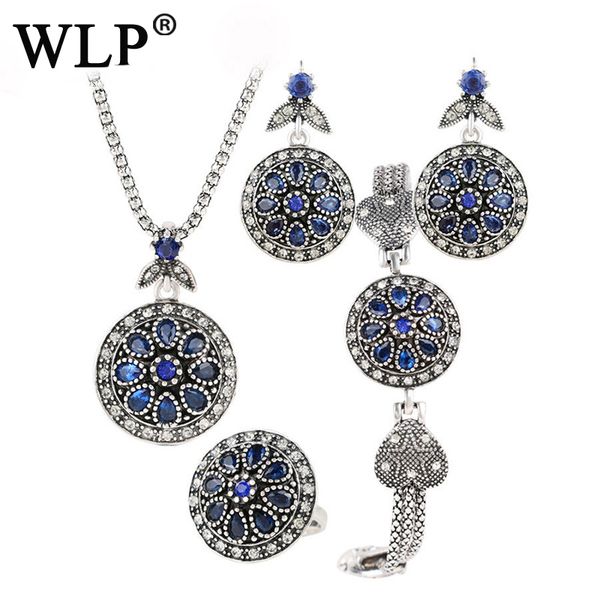 

wlp 2018 women superb blue cubic zirconia white stones bridal wedding fashion health jewelry set earrings necklace pendant rings, Silver