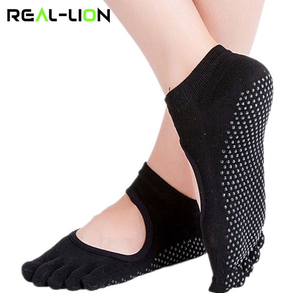 

reallion 3 pairs women yoga socks anti-slip backless five fingers silicone pilates socks cotton ankle non-slip grip gym, Black
