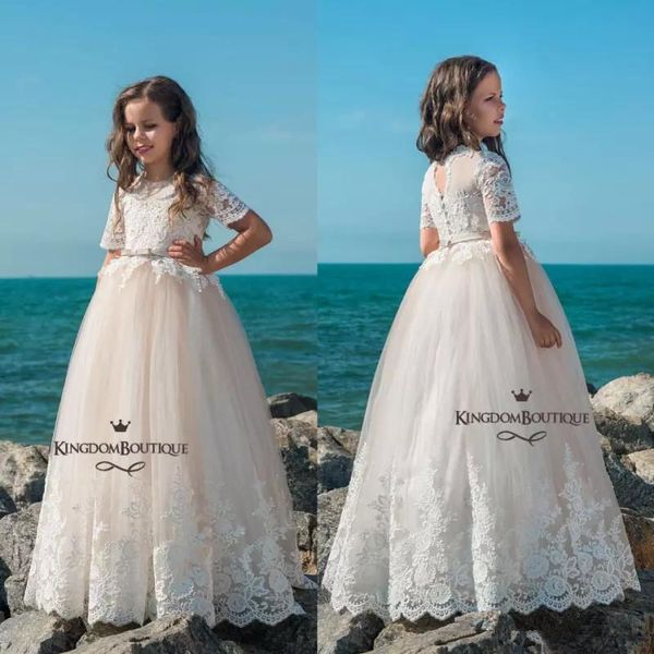 Lace Tulle Flower Girl Dresses mangas curtas apliques de pescoço de jóias com arco Sash A linha Kids Formal vestidos para casamentos