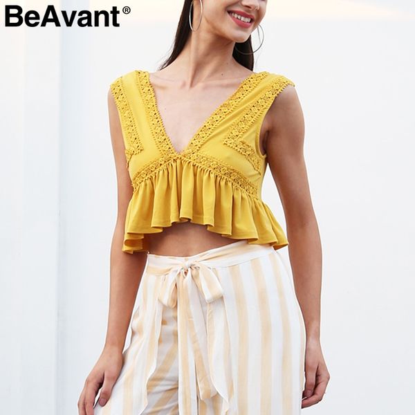 

beavant sexy v образным вырезом спинки майка женщины 2018 рябить короткие кружевные рубашки камзол танк лето пот уличная повседневная растен, White