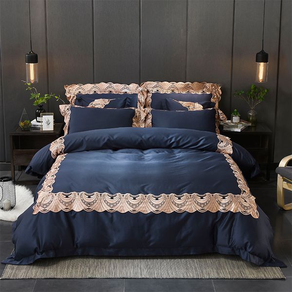 

luxury 80s tencel blue exquisite lace embroidery bedding set  king size duvet cover bed linen bed sheet pillowcases 4/6pcs