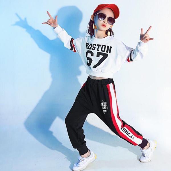 

girls cool cotton ballroom jazz hip hop dance competition costumes suit crop shirt pants for kids dancing wear outfits, Black;red
