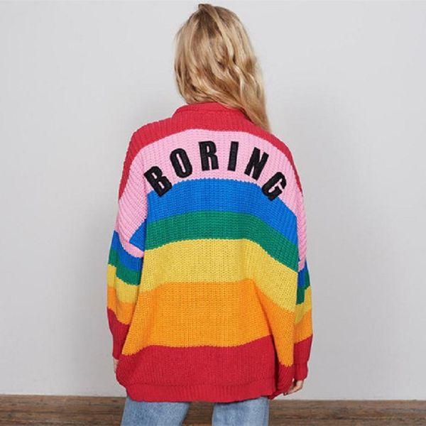 

2018 new women's sweater, spring and autumn sweater, rainbow color, sweet cardigan, baggy button coat, White;black