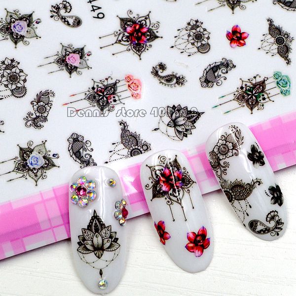 

1 sheet beautiful mystical lotus flowers lavender floret pattern self-adhesive nail art stickers decorations f4xx sealed packing, Black