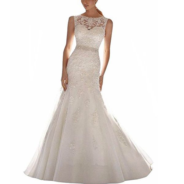 

Latest Sleeveless Lace Appliques Mermaid Bridal Dress Wedding Gown Scoop Neck Lace Wedding Dress with Court Train vestidos de novia