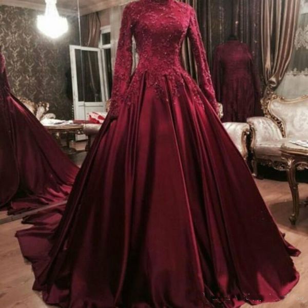 Elegante Tamanho Burgundy manga comprida Além disso Prom Dresses Lace Satin 2018 Dubai Arábia Árabe Prom desgaste do partido vestido de baile Prom Vestidos muçulmana