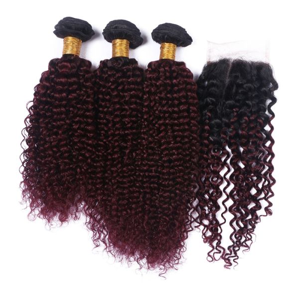 

malaysian 9a ombre color #1b 99j kinky curly human hair bundles hair bundles with burgundy lace closure middle 3 part 4pcs lot, Black;brown