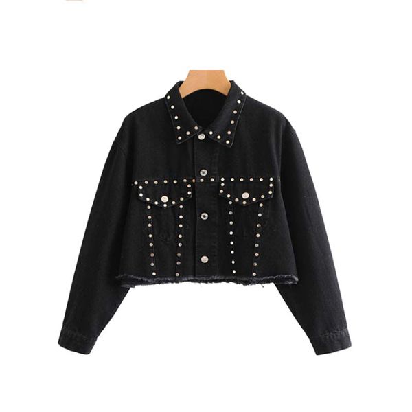

женщины заклепки черный джинсовая куртка пальто шипованных карманы бахрома кист