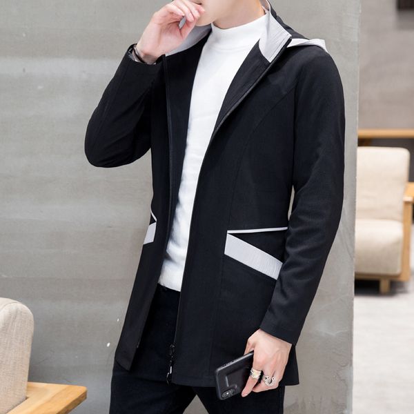 

new arrival long sleeve zipper men hooded jacket coat autumn mens trench coat splicing pocket design windbreaker plus size 5xl, Tan;black