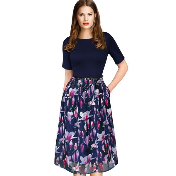 

lcw new womens elegant vintage summer floral print belted tunic pinup work office casual party a-line skater dress, Black;gray
