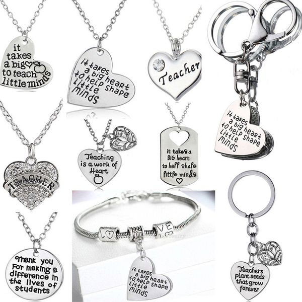 whole saleFashion Teachers Gifts Necklace Keyrings Keychains Love Heart Pendants Charms Silver Plated Jewelry Xmas Teachers Necklace