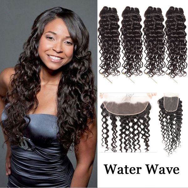 

brazilian indian water wave remy hair bundles with lace closure or lace frontal with bundles mink brazilian human hair weave with closure, Black;brown