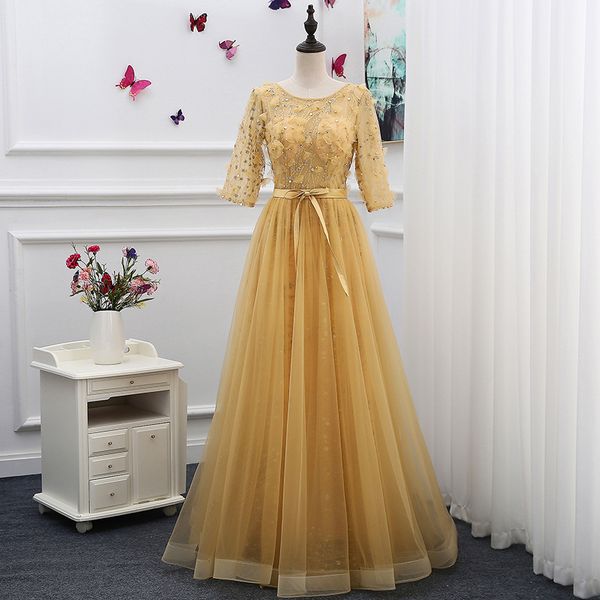 

illusion gold evening dresses scoop three quarter sleeves pleats tulle with applique sequins beads long prom dresses, Black;red