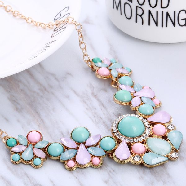 

whole saleblue pink color rhinestone necklaces pendants boho statement necklace gold color vintage pendant lady dress choker necklace, Golden;silver