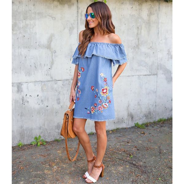 

женщины одеваются европа и соединенные штаты америки женщины имитация джинсовая юбка лето свободные слова шеи вышивка листьев лотоса платье, Black;gray