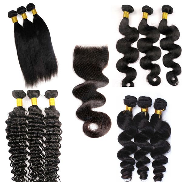 

virgin brazilian hair weaves with lace closure body wave human hair bundles unprocessed peruvian indian malaysian human hair extensions, Black