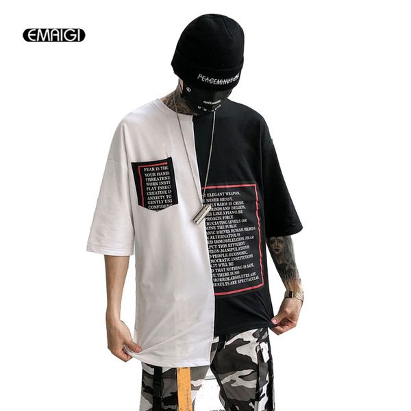 

men white black splice short sleeve t-shirt male fashion casual high street hip hop loose tees shirts