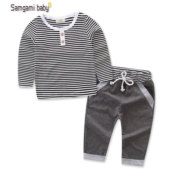 

2018 grey striped baby girl boys clothes set baby boy girl long sleeve t shirt+pants clothing sets spring and autumn wear y1892613, White