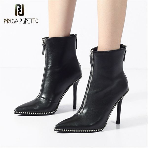 

prova perfetto black women ankle boots pointed toe rivets studded high heel boots female double zipper autumn winter botas mujer