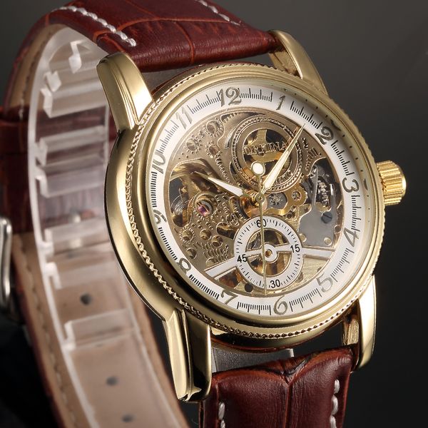 

mens watches orkina skeleton watch automatic mechanical male clock leather strap wristwatch mechanische uhren, Slivery;brown