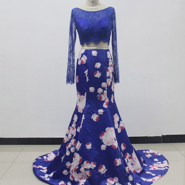 

real ps women long sleeve two pieces floral lace mermaid prom dresses 2018 floor length zipper satin evening gowns custom made, Red