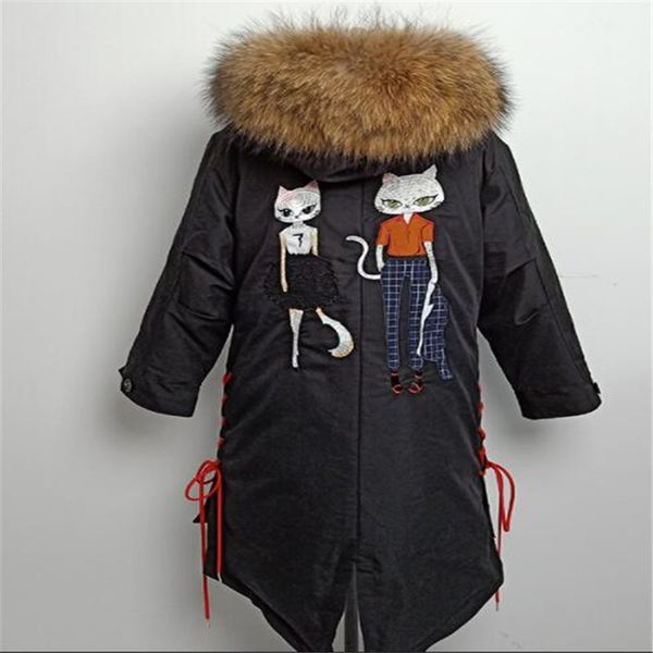 

white down jacket 2018 abrigo mujer women winter long jacket hat oversize coat female hooded with real raccoon fur parka, Black