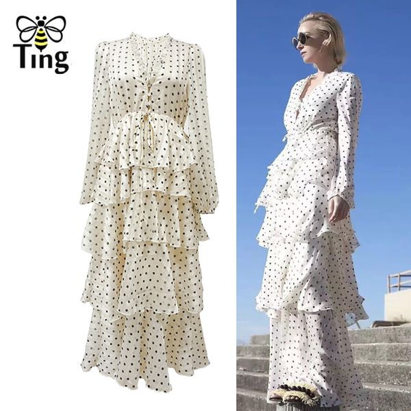 

tingfly designer fashion polka dot print long party dresses women v neck layered runway ruffles dress vestidos casual, Black;gray
