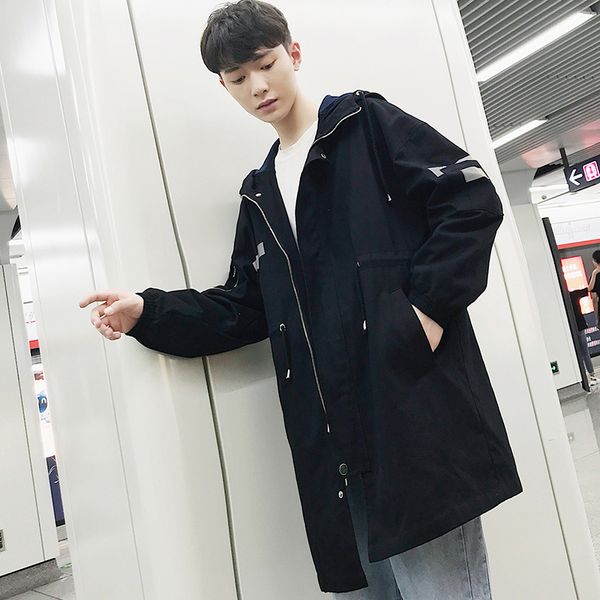 

2018 autumn men's fashion tide fluorescence reflection design even hat windbreaker loose casual solid color coats -2xl, Tan;black