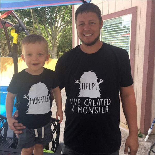 

father and son daughter matching clothes family help i've crated a monster funny letter printed t shirts love daddys girls tees, Blue
