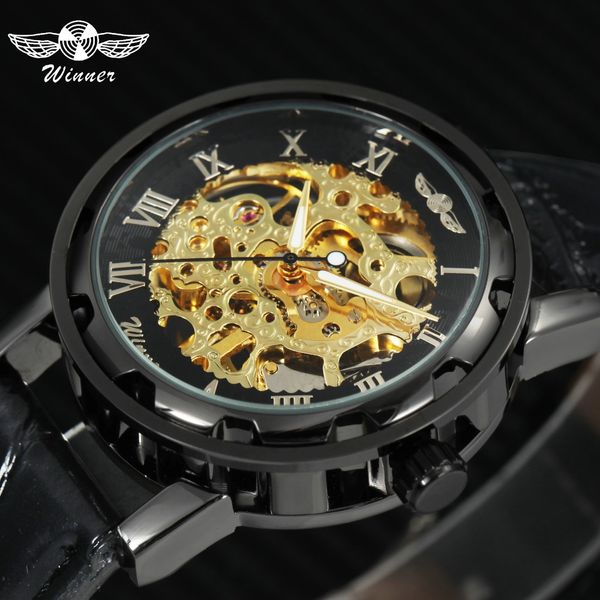 

winner 2018 fashion mens watches golden skeleton mechanical watch men leather strap classic casual relogio, Slivery;brown