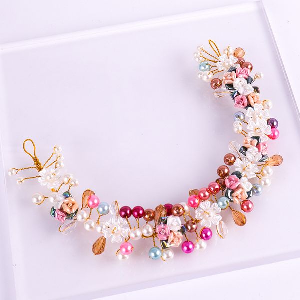

new elegant wedding bridal colorful pearl hairband children party hair accessories crystal white flower bridal headband tiara, Golden;white