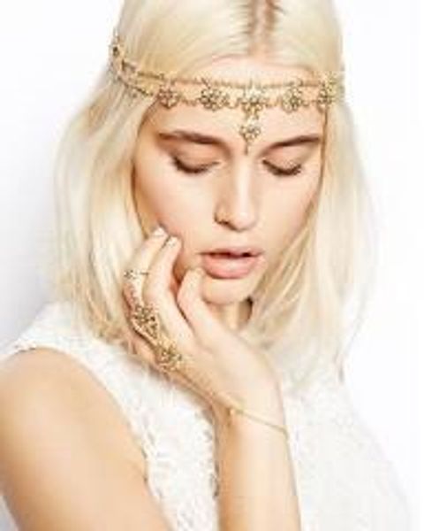 

bohemian head chain flower pearl metal forehead chain gold tone stretchy headband chain hair jewelry forehead dance headbands, Silver